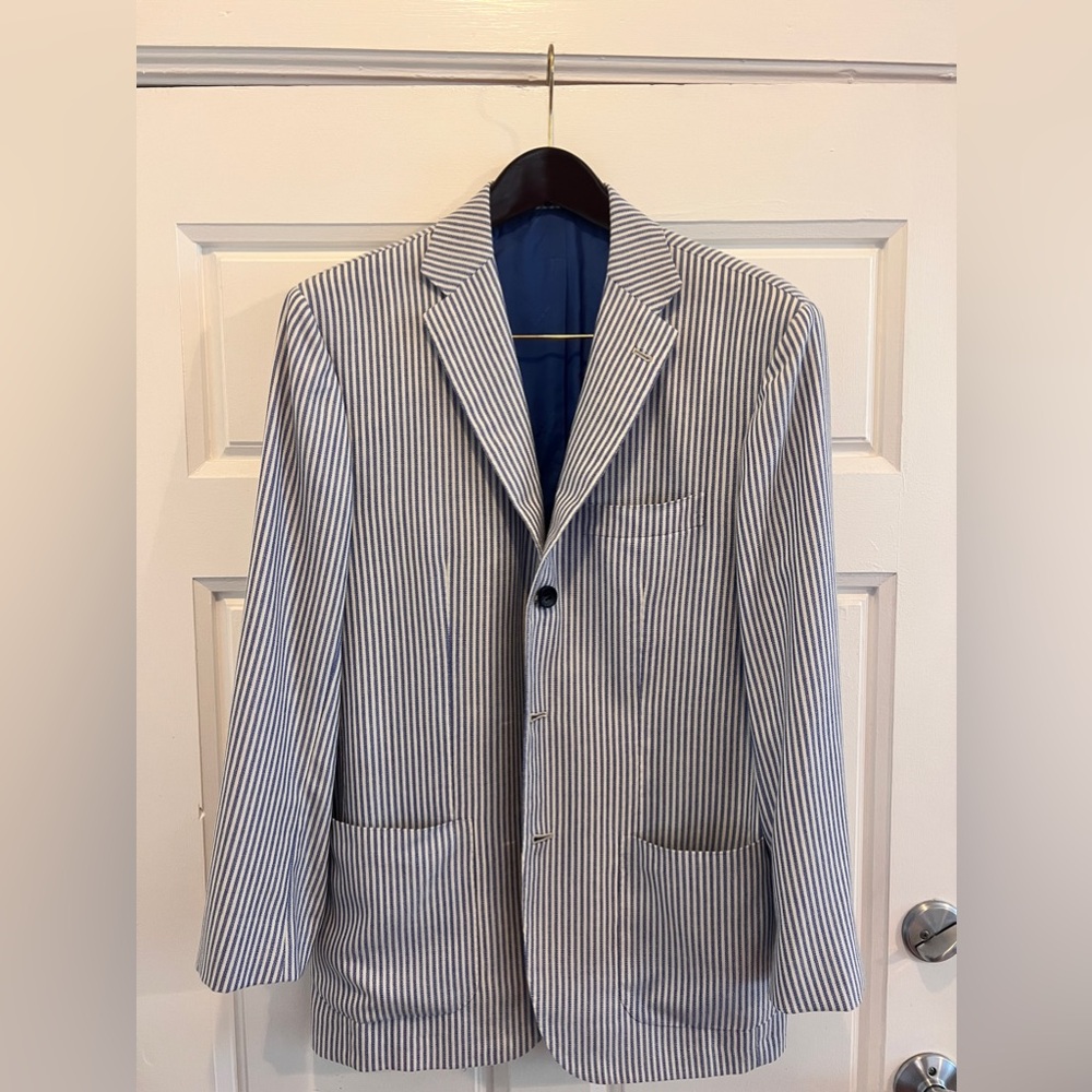 KITON Napoli Cashmere Striped Suit Jacket White/Blue, Size 52